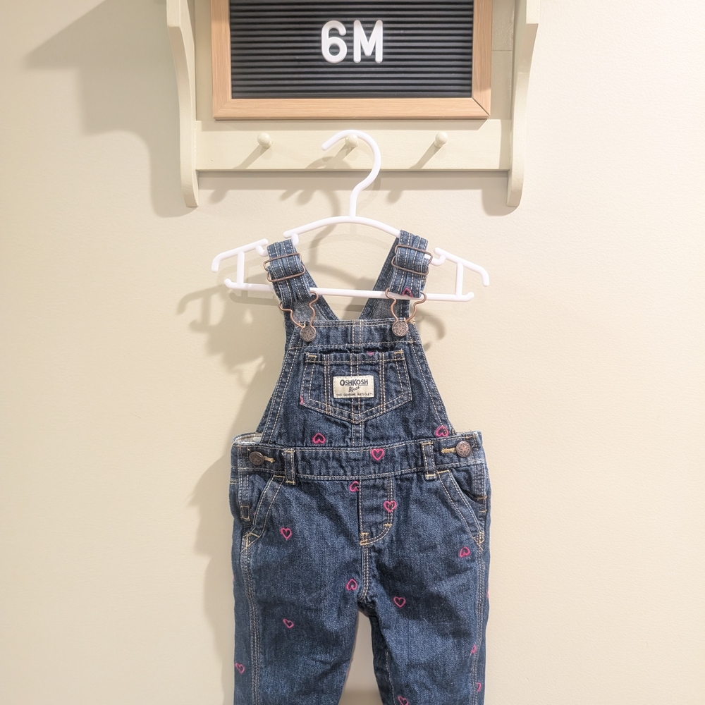 OshKosh B'gosh Blue Denim Overalls with Embroidered Pink Hearts